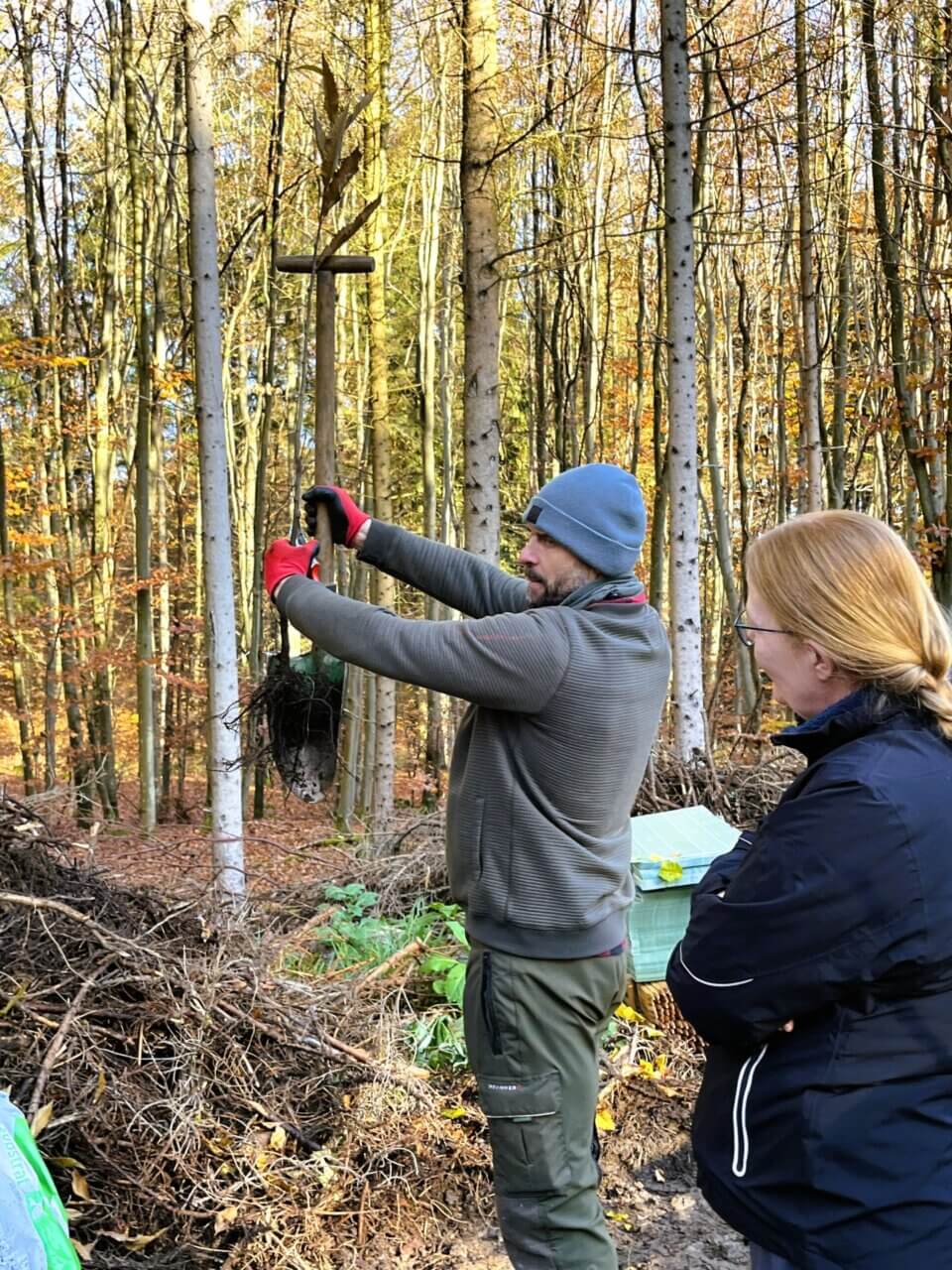 Förster Alexander von Hanstein demonstriert die Pflanztechnik anhand eines Hohlspaten
